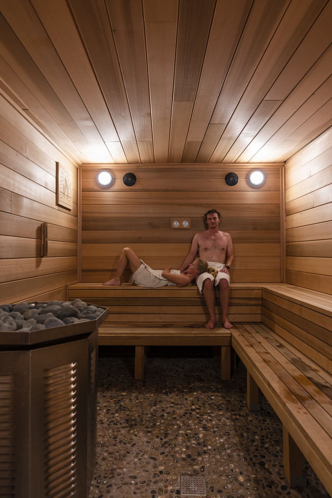 Resting in the cedar sauna